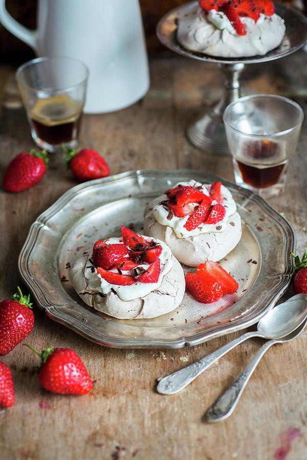 Mini Pavlovas With Strawberries And Chocolate Photograph by Irina Meliukh