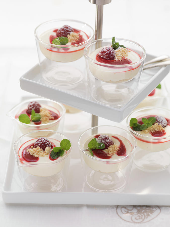 Mini Raspberry Cheesecakes In Glasses On A Cake Stand Photograph by Eising Studio