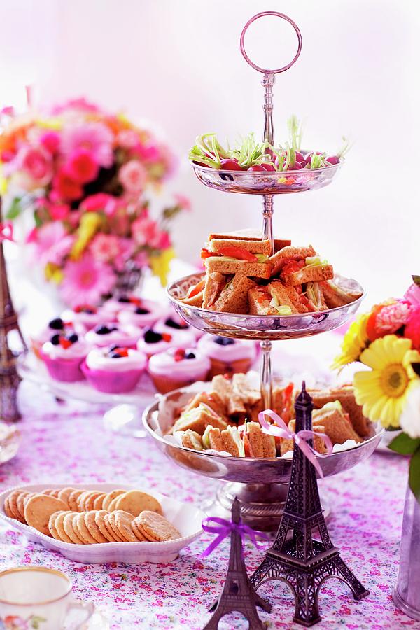 Mini Sandwiches, Biscuits And Cupcakes For Teatime Photograph by Martin Dyrlv