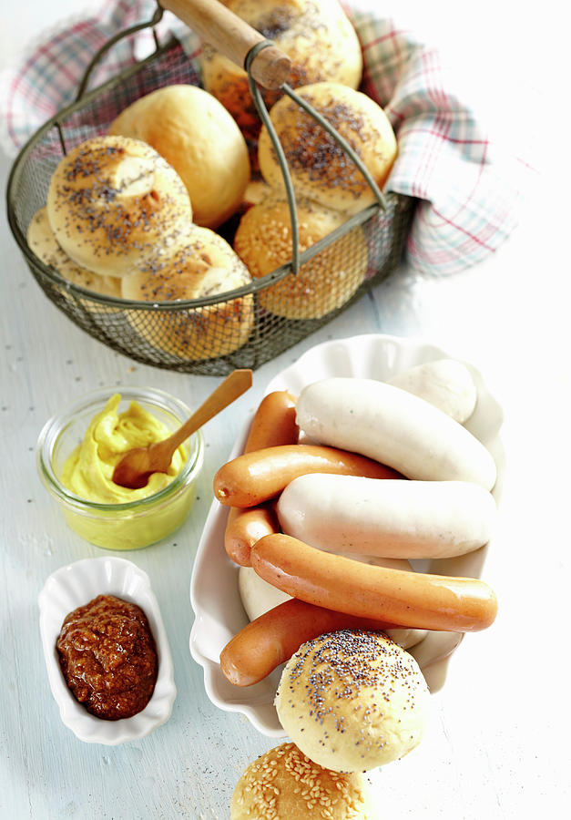 Mini Sausages With Mustard And Bread Rolls Photograph by Teubner Foodfoto