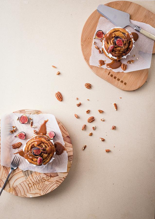 Mini Spiced Tartlets With Yeast Buns, Meringue, Chocolate And Caramel Sauce And Fresh Figs Photograph by Great Stock!