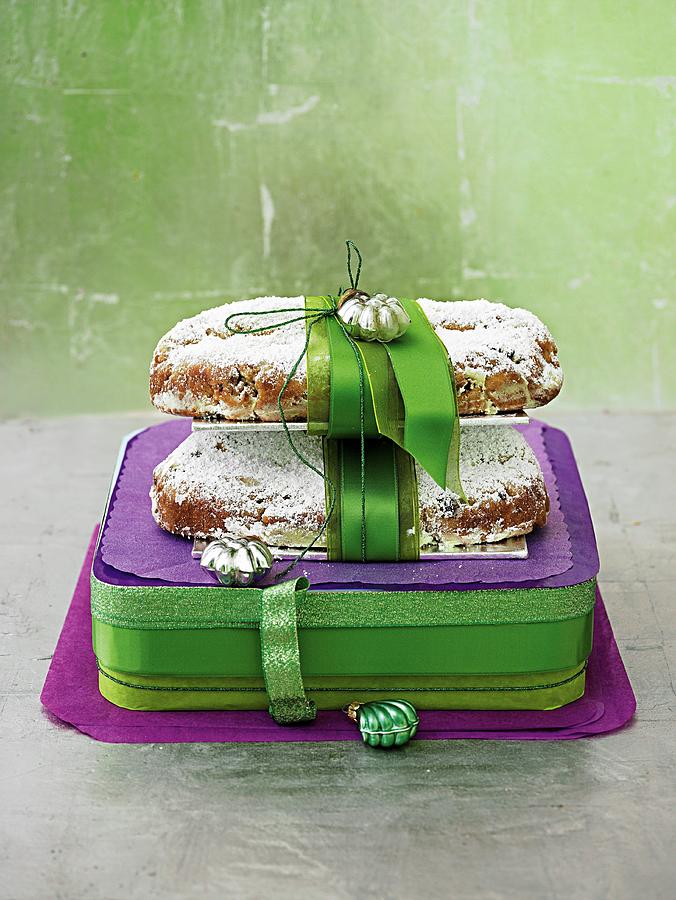 Mini Stollen Cakes, Packaged In Green And Purple Photograph by Jalag / Julia Hoersch