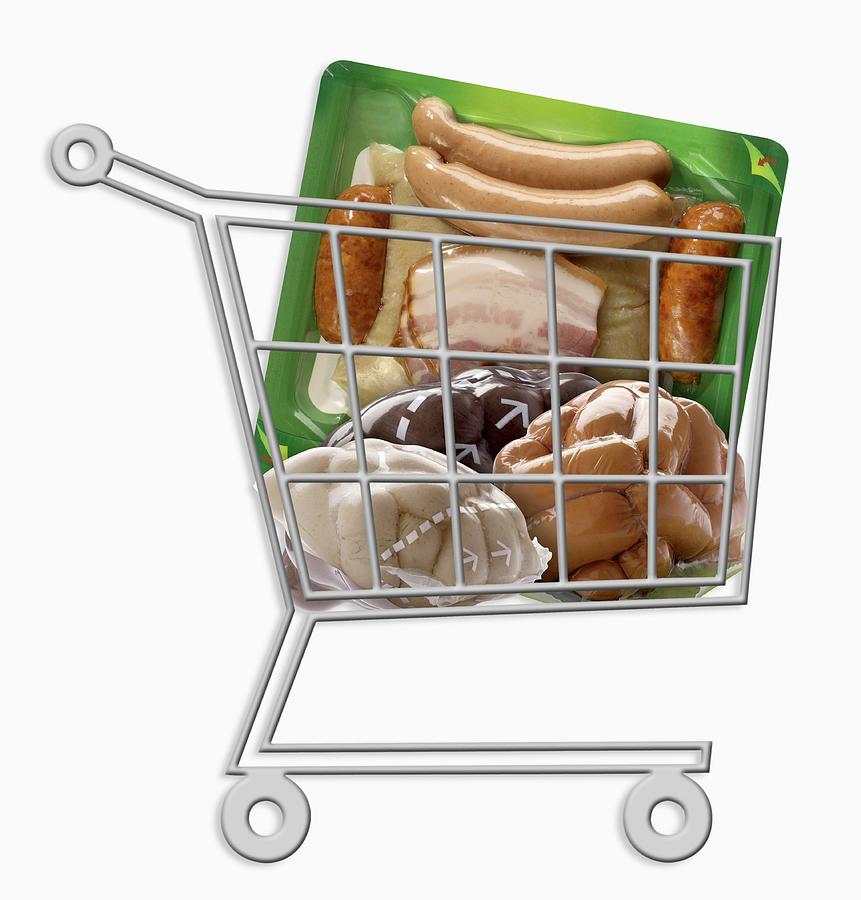 Mini Supermarket Trolley Full Of Vacuum-packet Food Photograph by Studio