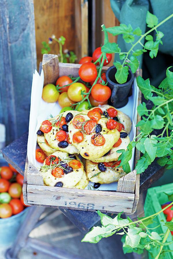 Mini Tomato Focaccias In An Old Fruit Crate Photograph by Jalag / Janne Peters