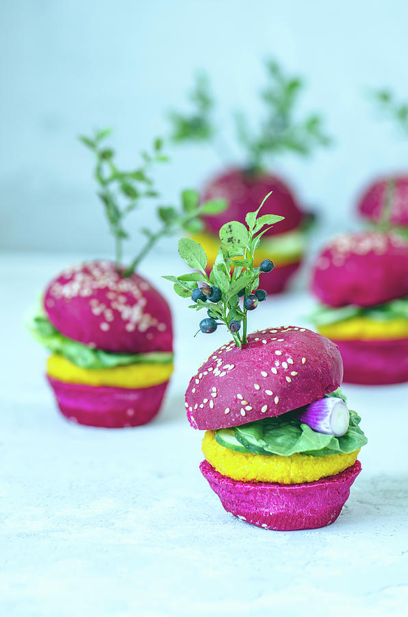 Mini Vegan Burgers With Beetroot, Carrots And Lettuce Photograph by Gorobina
