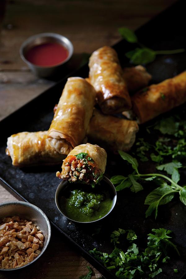 Mini Yufka Dough Rolls With A Herb And Tomato Dip Photograph by Ulrika Ekblom
