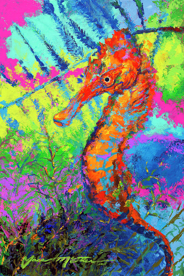 Animal Painting - Miniature Majesty Of The Ocean Orange Caribbean Longsnout Seahorse Hippocampus Reidi by Jace D. Mctier