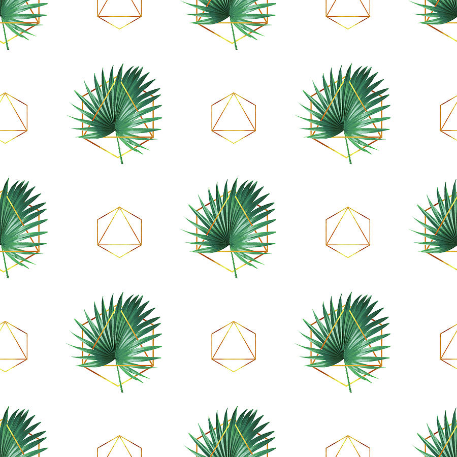 Minimal Tropical Palm Leaf - Palm And Gold - Gold Geometric Pattern 1 - Modern Tropical Wall Art Mixed Media