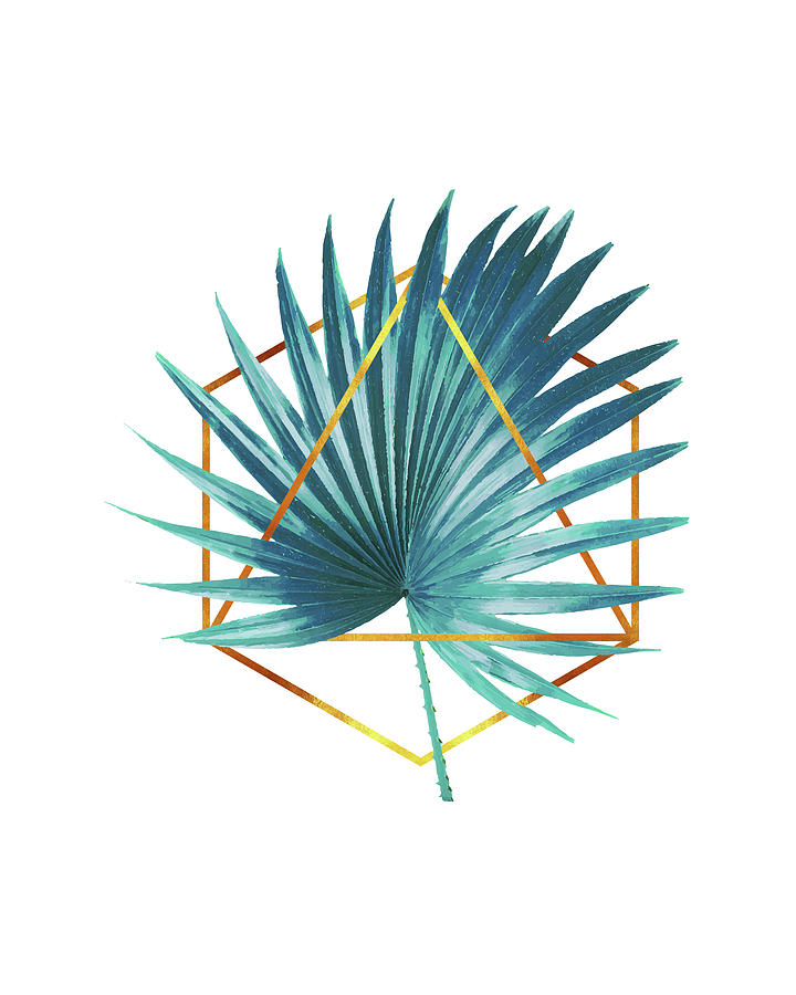 Minimal Tropical Palm Leaf - Palm And Gold - Gold Geometric Shape - Modern Tropical Wall Art - Blue Mixed Media