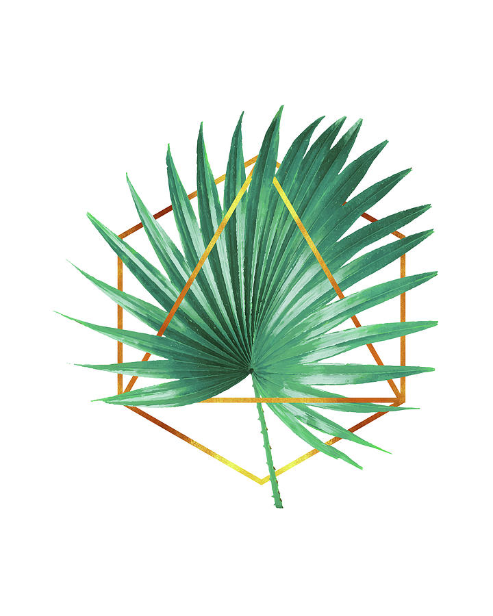 Nature Mixed Media - Minimal Tropical Palm Leaf - Palm and Gold - Gold Geometric Shape - Modern Tropical Wall Art - Green by Studio Grafiikka