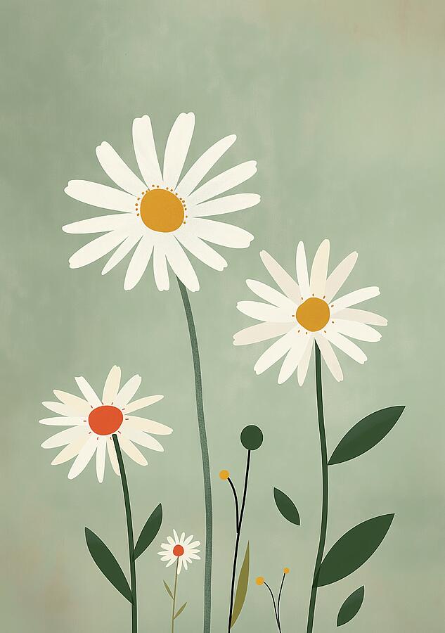 Minimalist Daisies On Green Background Digital Art by Trendy Art Minimalist Daisies On Green Background Digital Art by Trendy Art