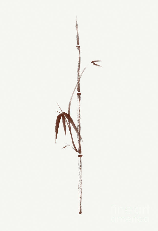Nature Mixed Media - Minimalistic bamboo branch with leaves sumi-e artwork brown on l by Awen Fine Art Prints