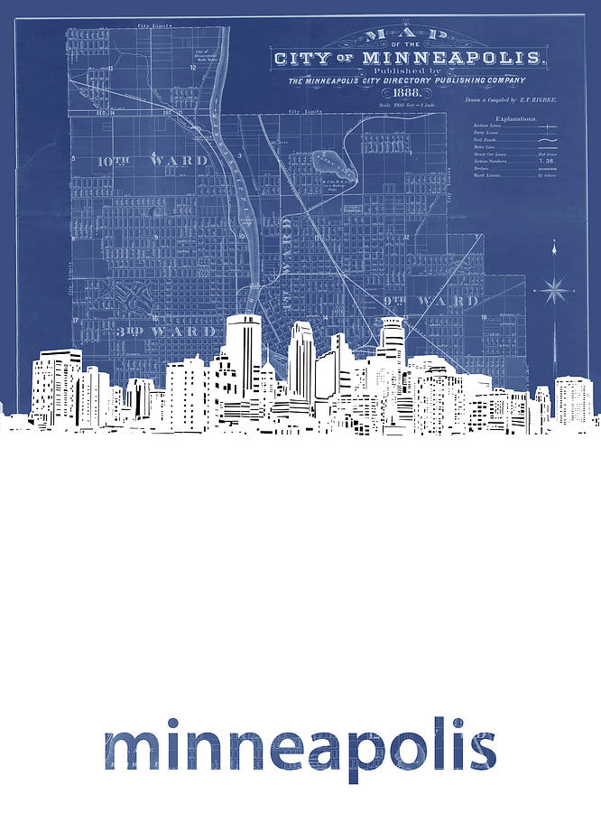 Minneapolis Skyline Map Blue Digital Art
