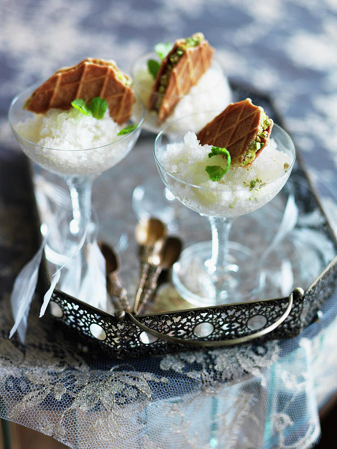 Mint Julep Sorbet With Waffles And Pistachios Photograph by Karen Thomas