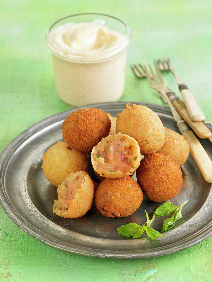 Minty Sweet Potato Croquettes, Harissa-flavored Mayonnaise Photograph by Lawton