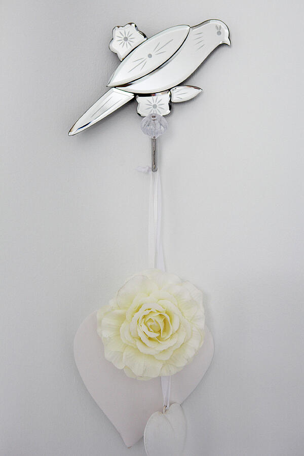 Bird Photograph - Mirrored Bird Ornament And Rose Hanging On Wall by Brent Narratives / Darby