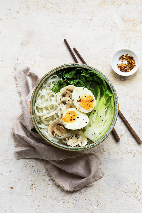 Miso Rice Noodle Bowl With Pak Choi, Eggs And Mushrooms Photograph by Stacy Grant