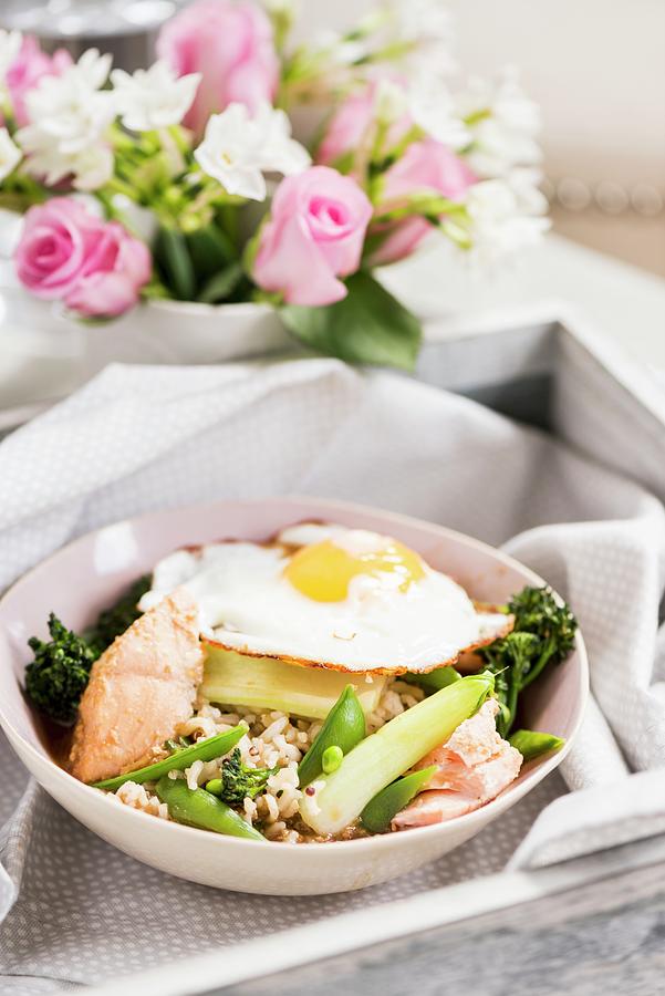 Miso Yum Yum With Brown Rice, Salmon, Vegetables And A Fried Egg Photograph by Winfried Heinze