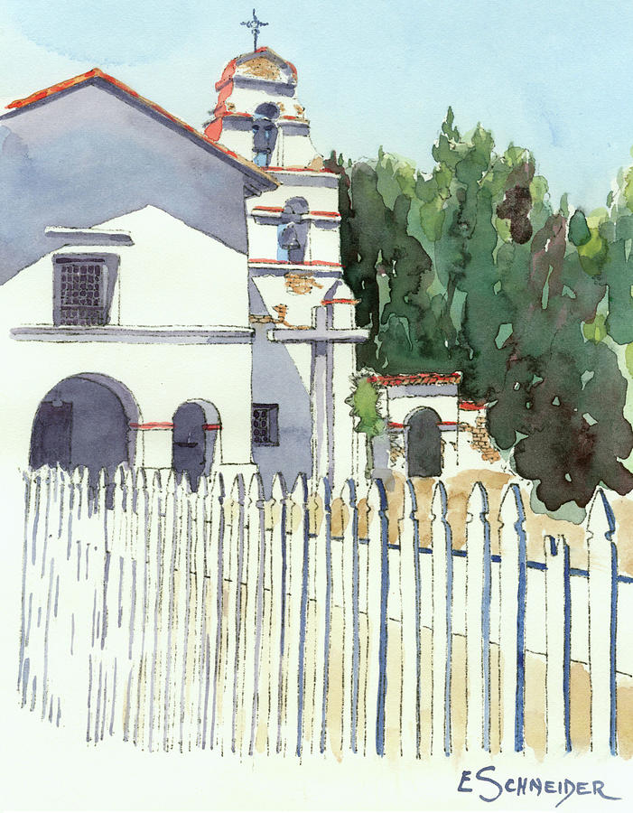 Mission at San Juan Bautista, California Painting by Edie Schneider