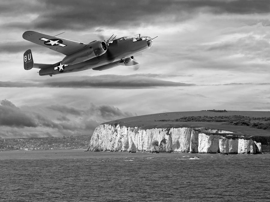 Mission Complete B-25 Over Dover Black And White Photograph by Gill Billington