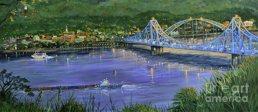Sunset Painting - Mississippi River Blue Bridges by Marilyn Smith
