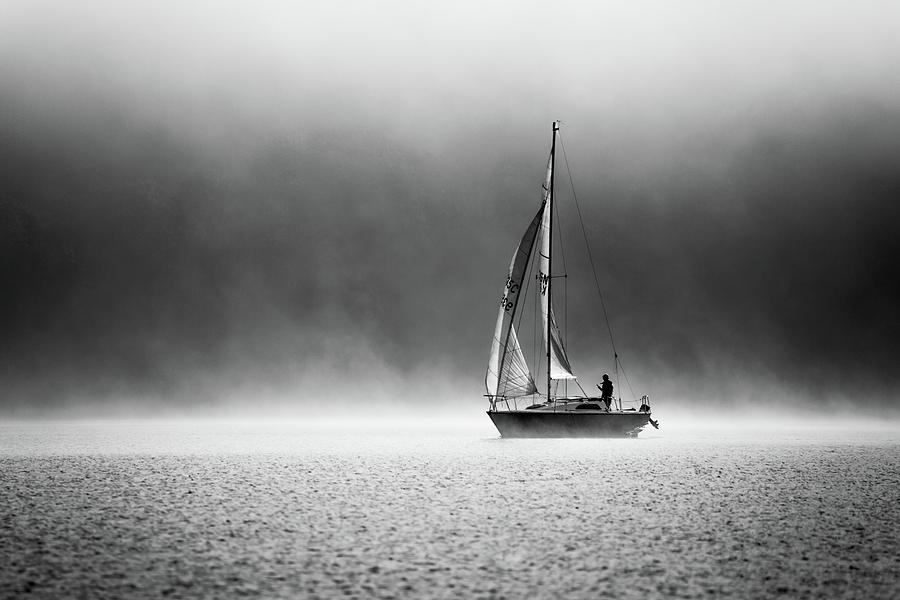 Mist rising and sail boat, Coniston Water Photograph by Anita Nicholson