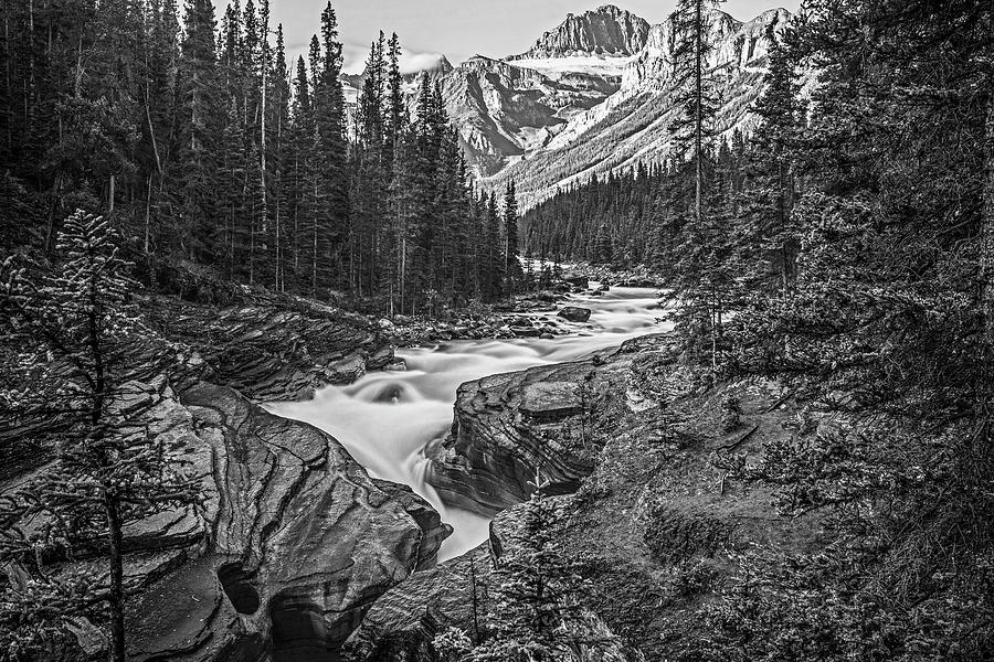 Mistaya Canyon Banff Alberta Canada Sunrise Black and White Photograph by Toby McGuire
