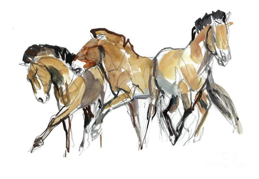 Mistral Three Przewalski, 2013 Sennelier Ink, Watercolor And Gouache Painting by Mark Adlington