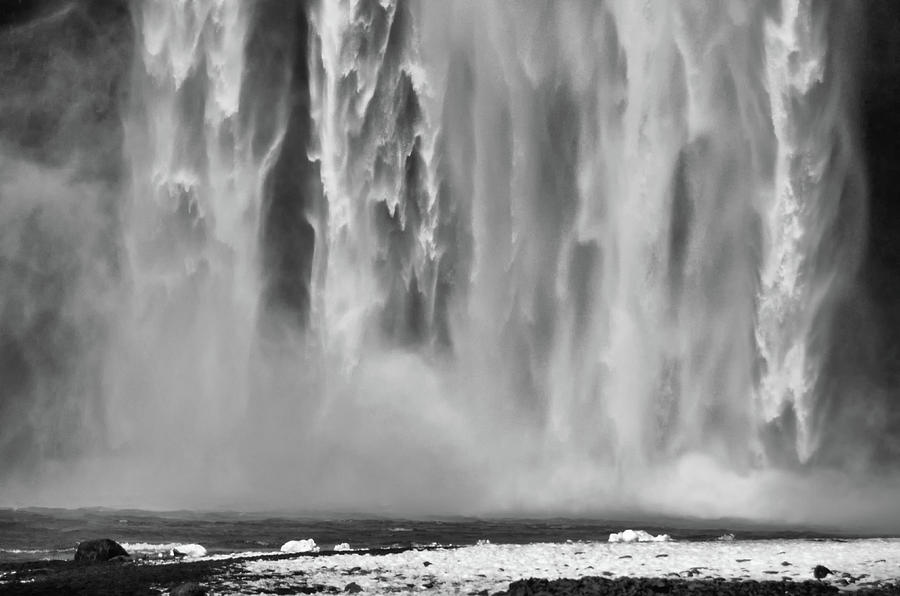 Misty Bottom of the Skogafoss Waterfall Cascade Iceland Black and White Photograph by Shawn OBrien