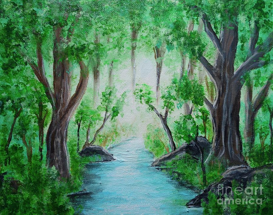 Misty Forest Stream Painting by Jacqueline Athmann