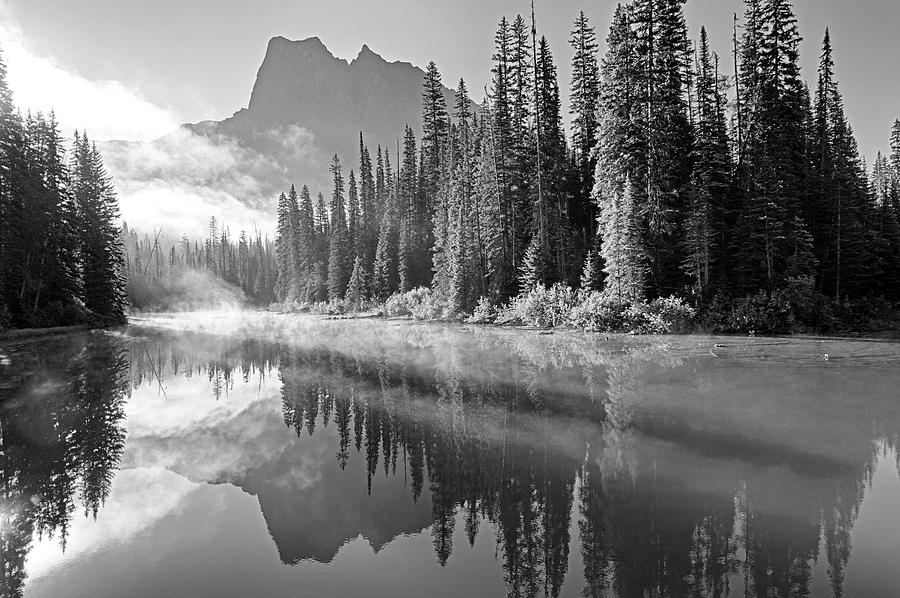 Misty Morning on Emerald Lake Mount Burgess Yoho National Park Banff Canada Black and White Photograph by Toby McGuire