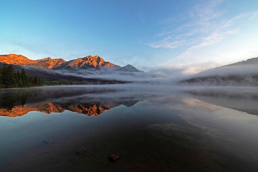 Misty Morning on Pyramid Lake Pyramid Mountain Jasper National Park Alberta Canada Wide Photograph by Toby McGuire