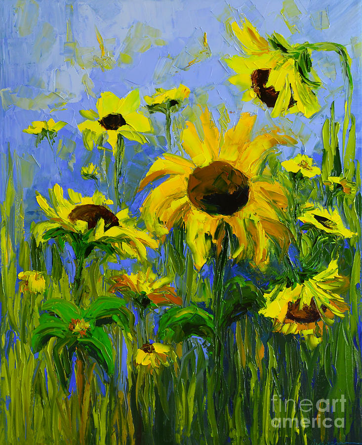 Misty Morning - Sunflower Field oil painting, landscape art Painting by Patricia Awapara