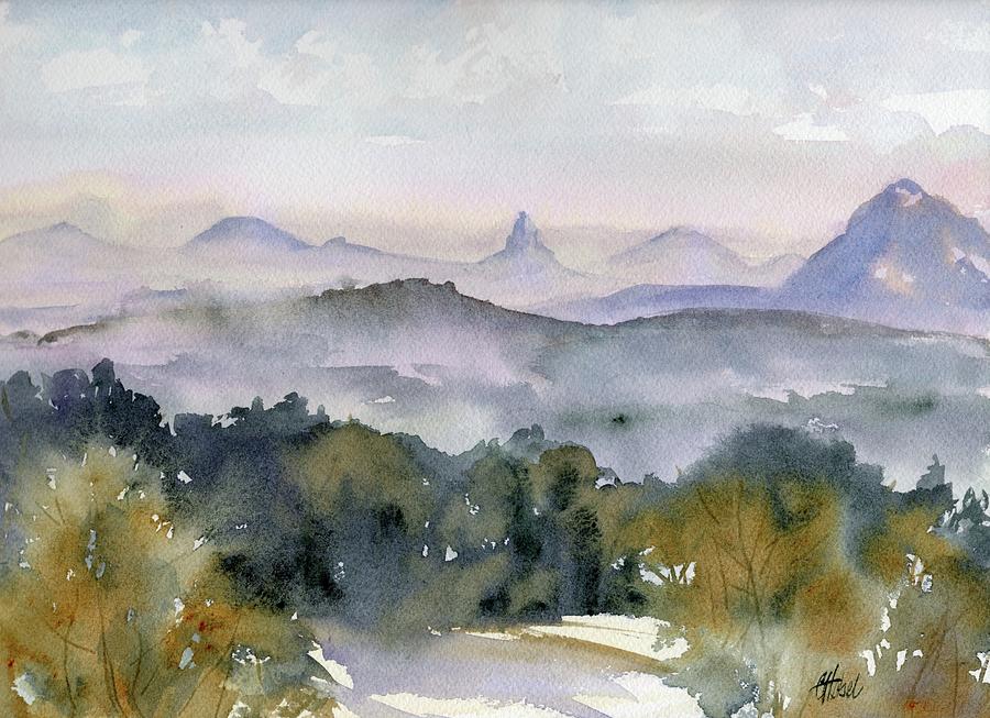 Misty Mountains Glasshouse mountains painting Painting by Chris Hobel