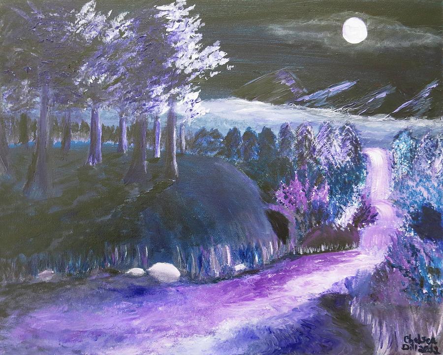 Misty Purple Mountains in the Moonlight Painting by C E Dill