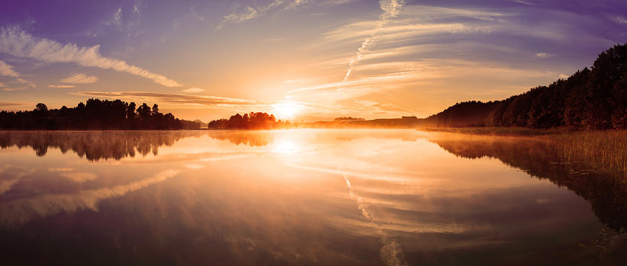 Summer Photograph - Misty Sunrise Above Calm Lake Surface - by Konradlew