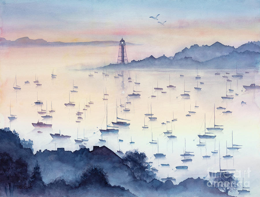 Nature Painting - Misty Sunrise Marblehead Harbor by Michelle Constantine