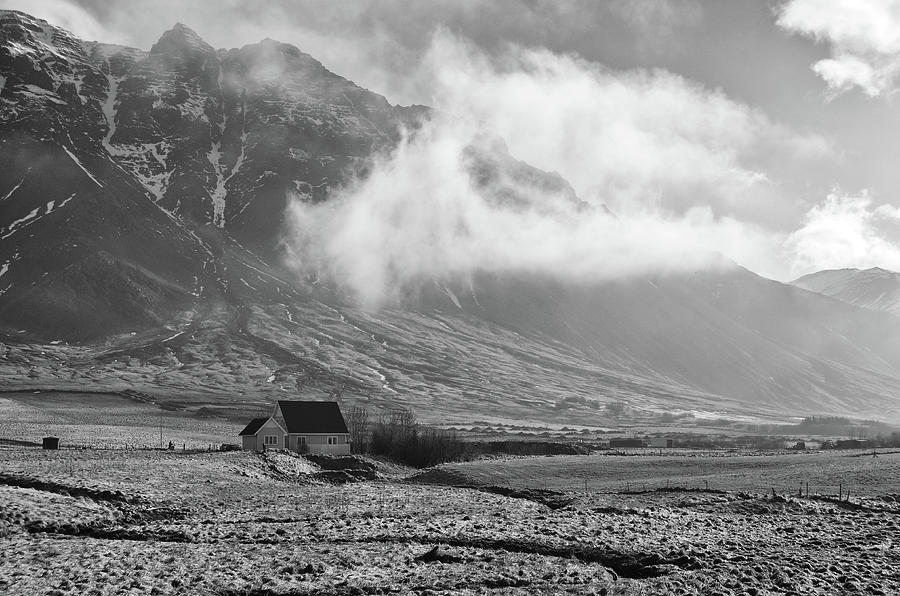 Misty Valley Farmhouse Iceland Black and White Photograph by Shawn OBrien