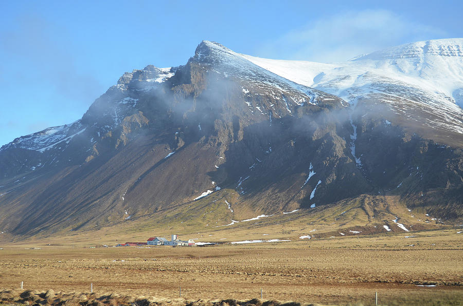Misty Volcanic Mountain Peak Dwarfing Tradition Icelandic Farm Photograph by Shawn OBrien