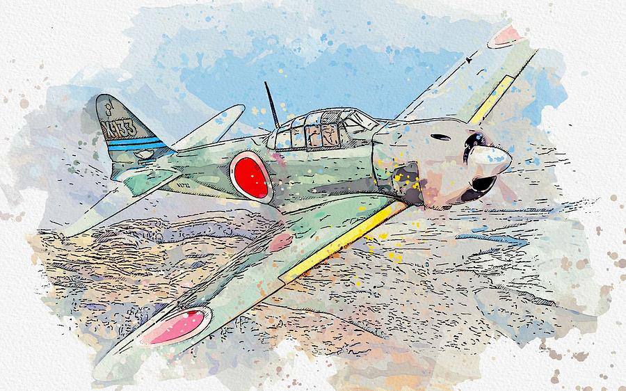 Transportation Painting - Mitsubishi A6M Zero watercolor by Ahmet Asar by Celestial Images