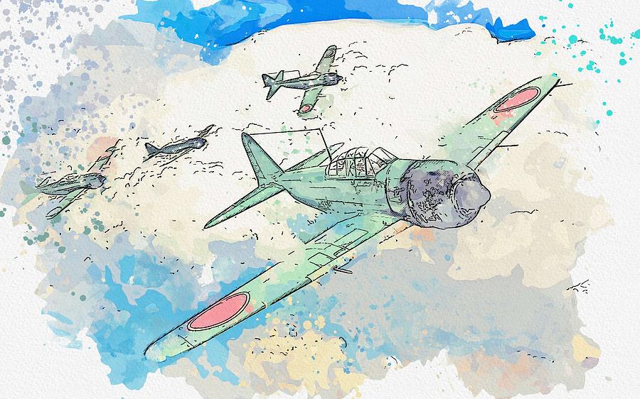 Transportation Painting - Mitsubishi A6m Zero WWII watercolor by Ahmet Asar by Celestial Images
