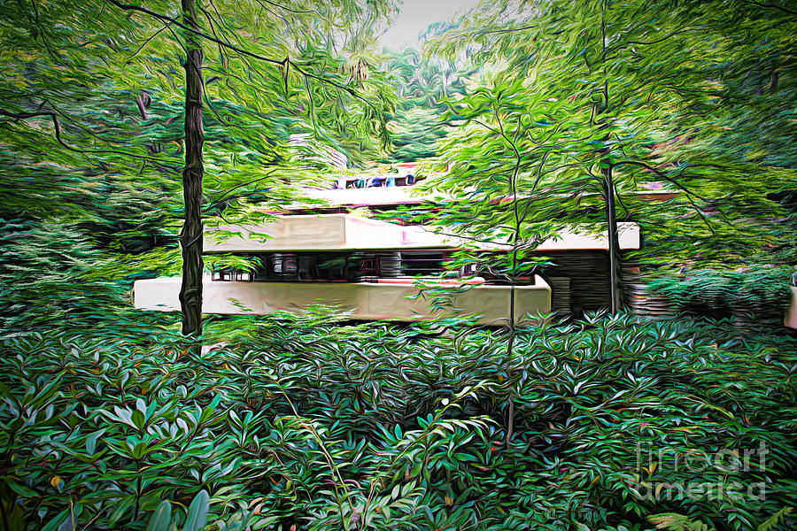 Mixed Architecture Frank Lloyd Wright Fallingwater  Digital Art by Chuck Kuhn