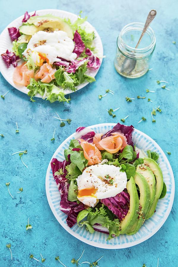 Mixed Leaf Salad With Avocado, Poached Egg And Smoked Salmon Photograph by Aniko Takacs