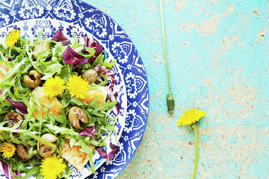 Mixed Leaf Salad With Polenta, Olives And Dandelion Flowers Photograph by Nika Moskalenko