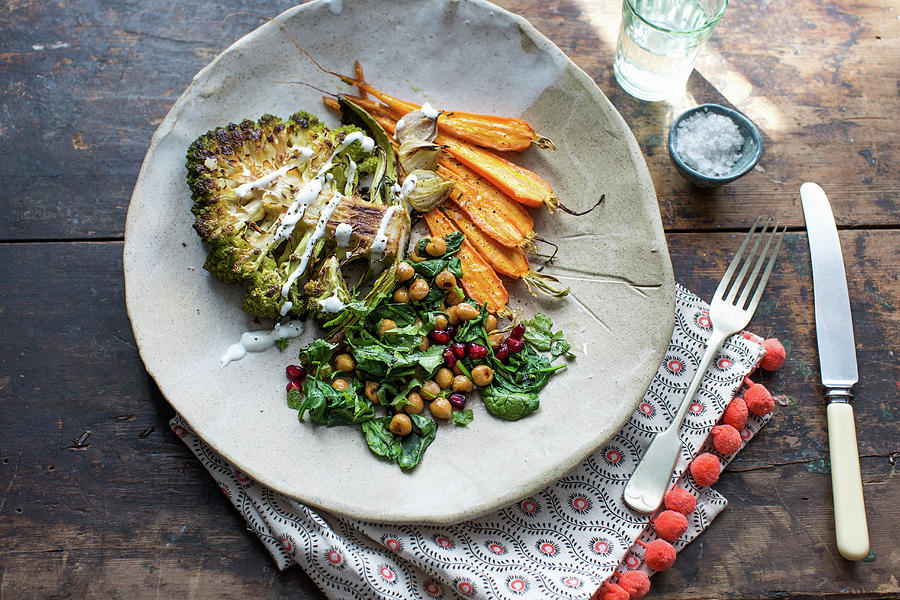 Mixed Roast Vegetables, Romanesco, Carrots, Spinach And Chickpeas Photograph by Lara Jane Thorpe