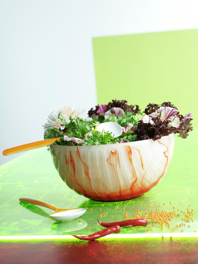Mixed Salad Leaves In An Artistic Salad Bowl Photograph by Matteo Manduzio
