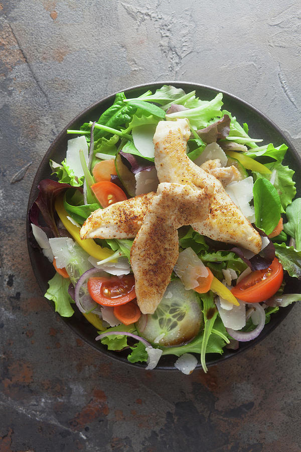 Mixed Salad With Chicken Breast Strips top View Photograph by Barbara Pheby