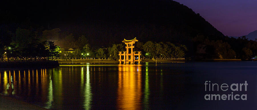 Miyajima Great Torii at Night Photograph by Karen Jorstad