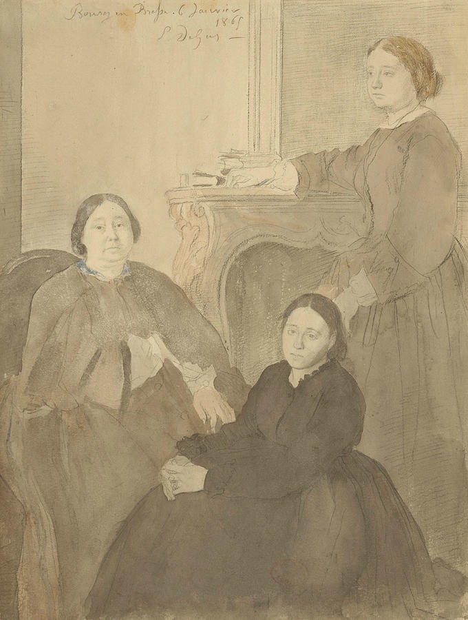 Mme Michel Musson and Her Daughters, Estelle and Desiree Drawing by Edgar Degas