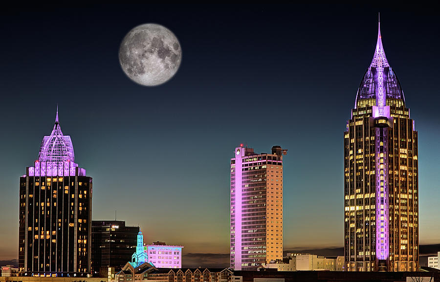 Mobile Skyline Photograph - Mobile Skyline Moon by JC Findley